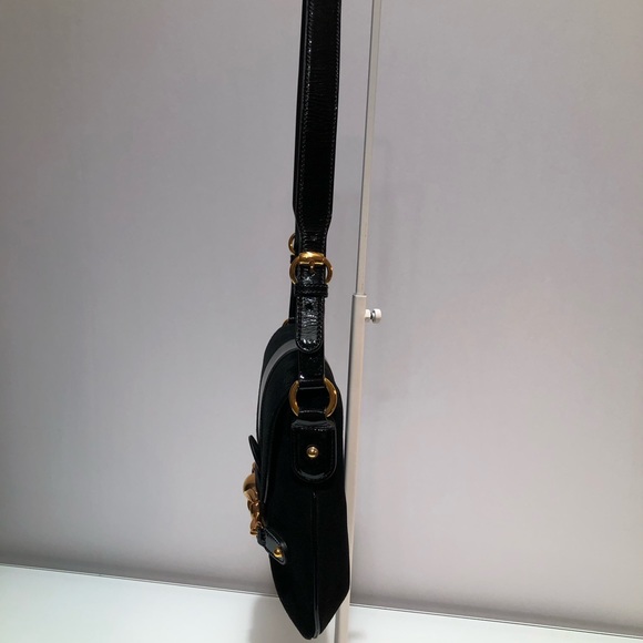 GUCCI Suede Black Handbag with Black Patent Leather Shoulder Strap - Picture 6 of 16